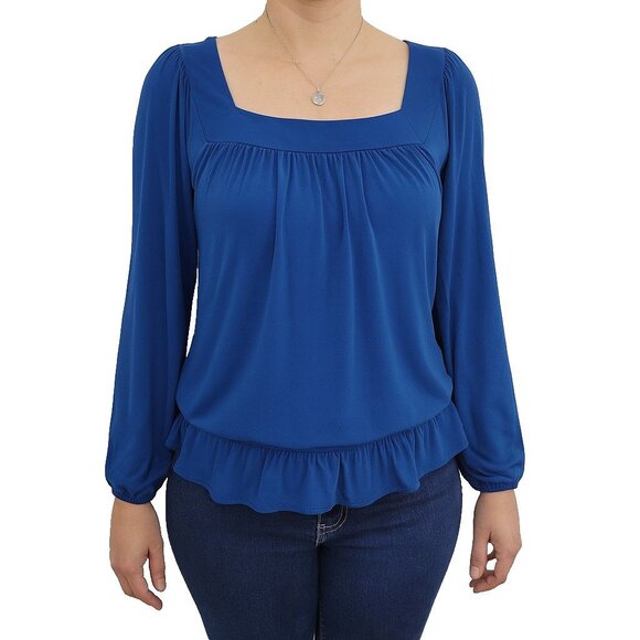 Daisy Fuentes Womens M Blue Square Neck Long Sleeve Blouse Peplum Hem Top - Picture 1 of 15
